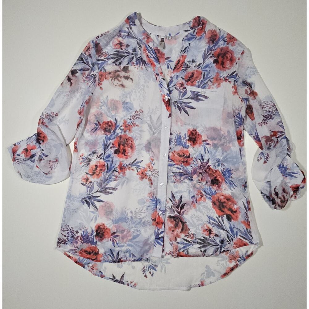 Kut Women's Floral Sheer Red White Blue Size M Tunic Top Flowy Roll Tab Sleeves